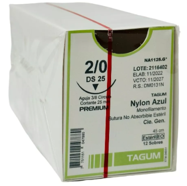 Tagum Sutura Nylon Color Azul Calibre 2-0 Longitud 45 cm Aguja 3/8 25 MM