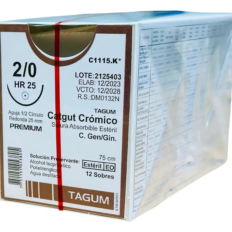 Tagum Sutura Catgut Crómico Calibre 2-0 Longitud 75 cm Aguja 1/2 25 mm