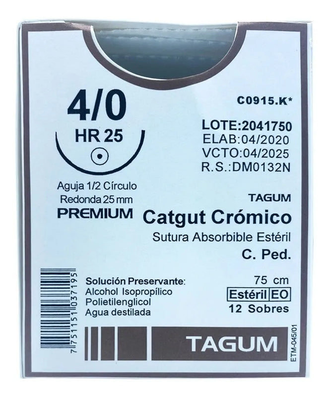 Tagum Sutura Catgut Crómico Calibre 4-0 Longitud 75 cm Aguja 1/2 25 mm
