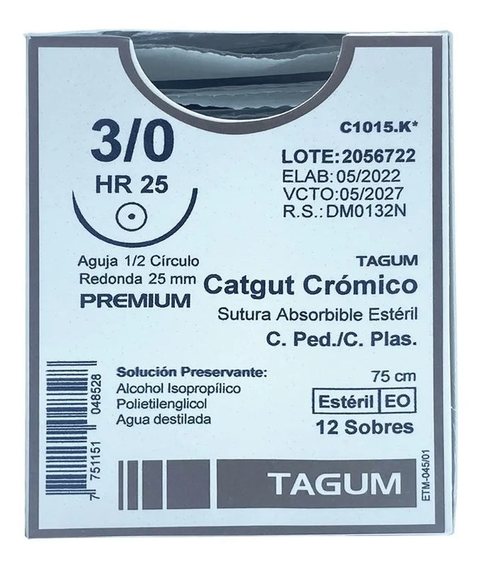 Tagum Sutura Catgut Crómico Calibre 3-0 Longitud 75 cm Aguja 1/2 25 mm