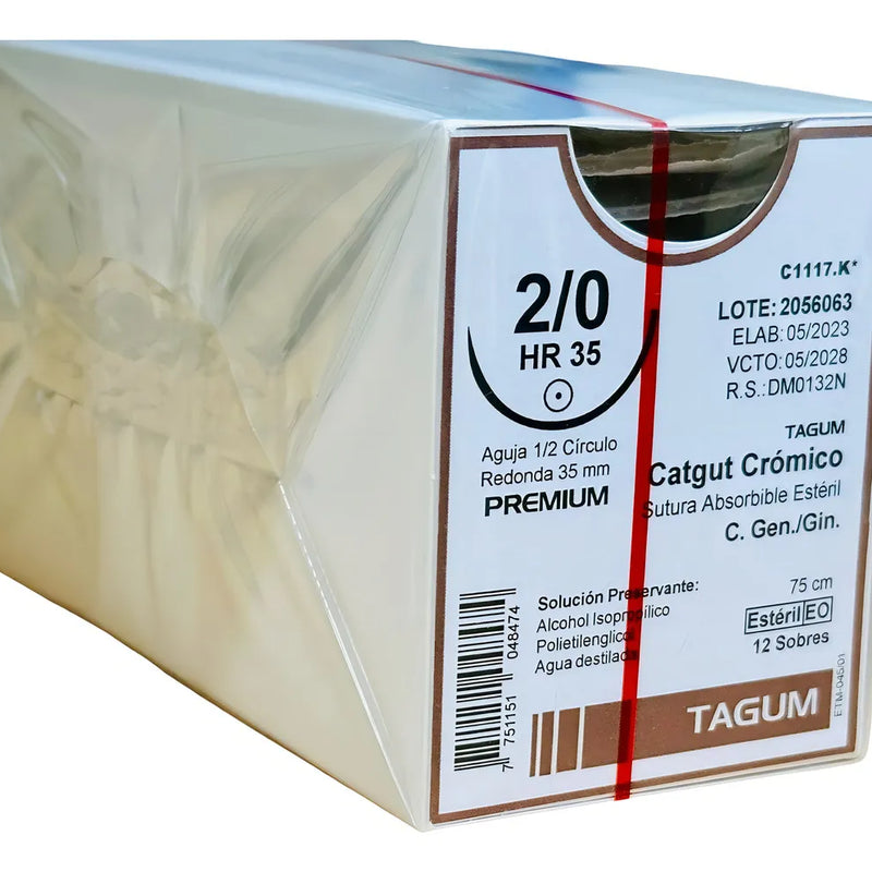 Tagum Sutura Catgut Crómico Calibre 2-0 Longitud 75 cm Aguja 1/2 35 mm