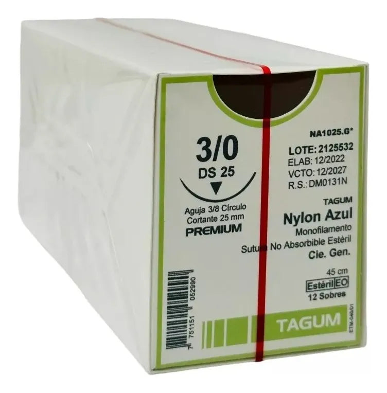 Tagum Sutura Nylon Color Azul Calibre 3-0 Longitud 45 cm Aguja 3/8 25 MM