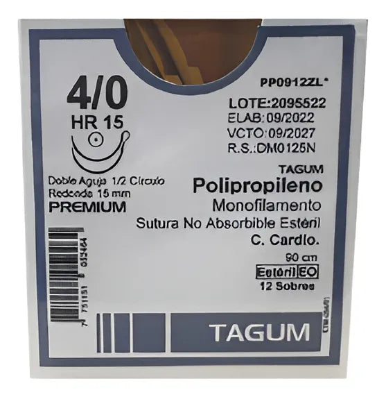 Tagum Sutura Polipropileno Aguja Doble Armado Calibre 4-0  Longitud 90 cm Aguja 1/2