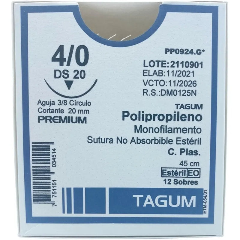 Tagum Sutura Polipropileno Calibre 4-0 Longitud 45 cm Aguja 3/8 20 mm